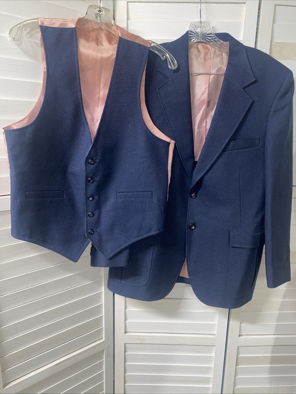 70s H.I.S. 2 Piece Suit Pieces Twill Blue Blazer & Reversible Plaid Vest USA